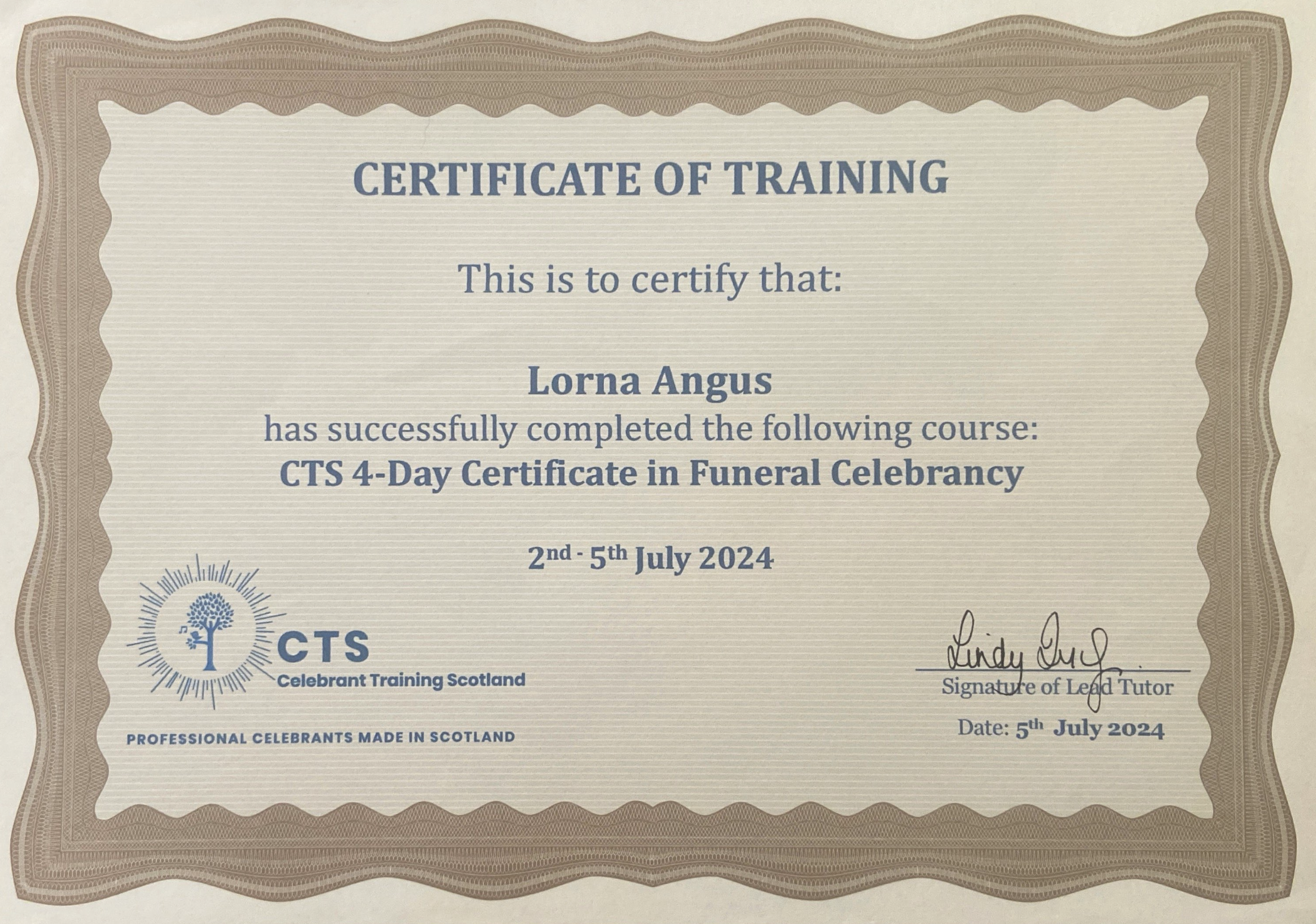 CTS 4-Day Certificate in Funeral Celebrancy — Lorna Angus — July 2024